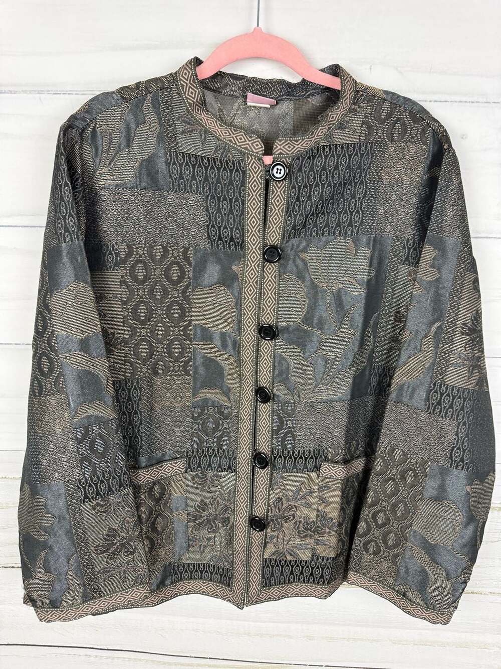 Tudor Court by Haband Patchwork Jacquard Tapestry Button Front Jacket Size XL